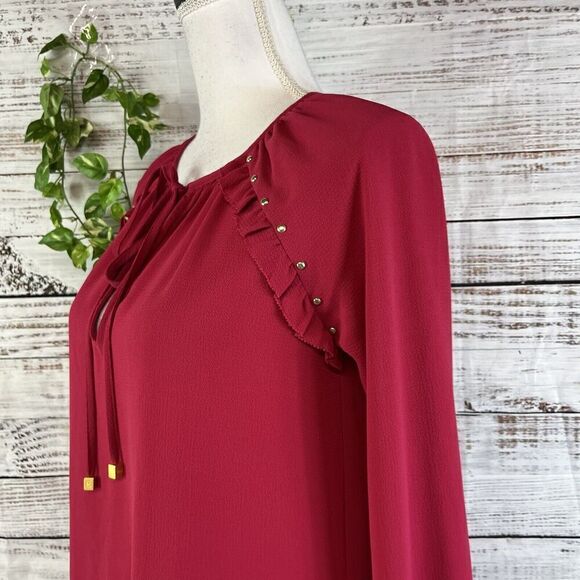 Michael Kors Tunic Blouse size Extra Small Dark Pink Crepe Ruffles Studs Bow Tie - Picture 11 of 15